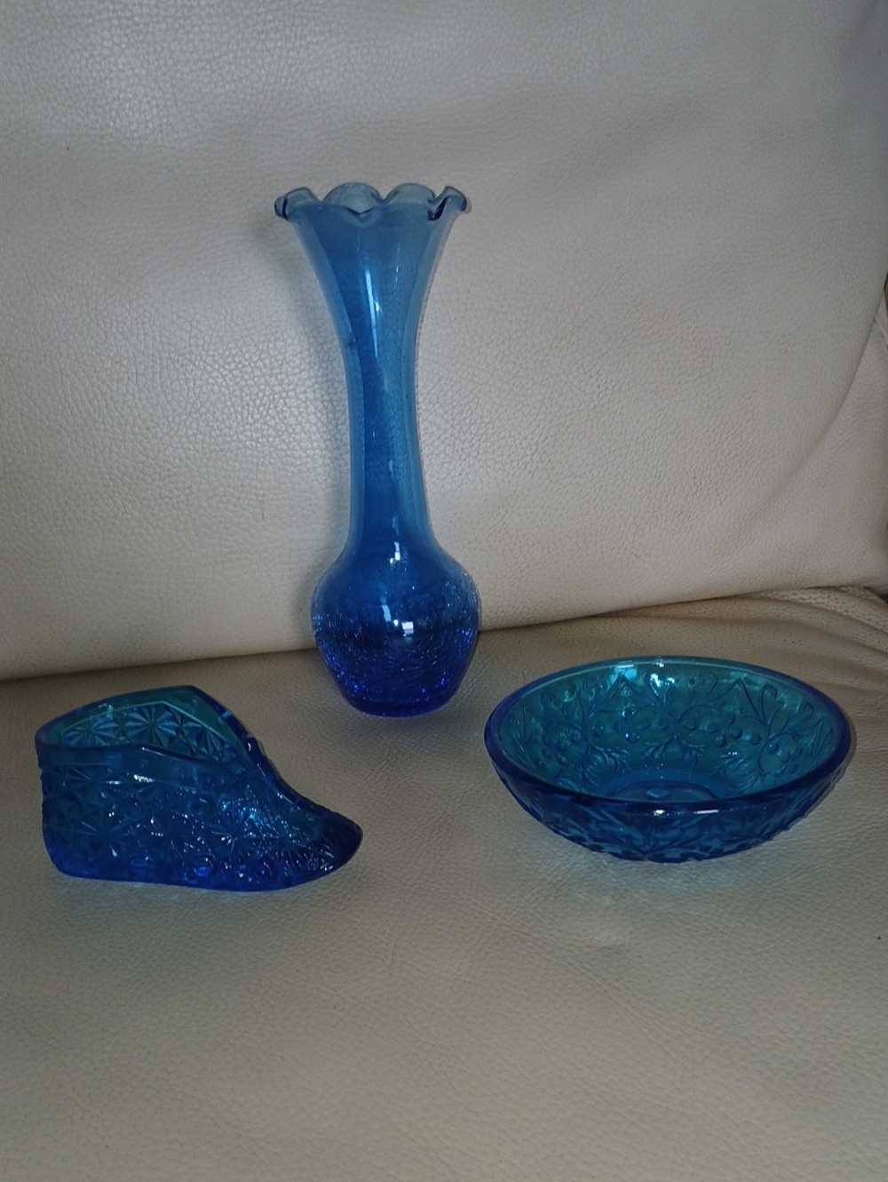 Blue Glass Vase, Bowl & Shoe Trio